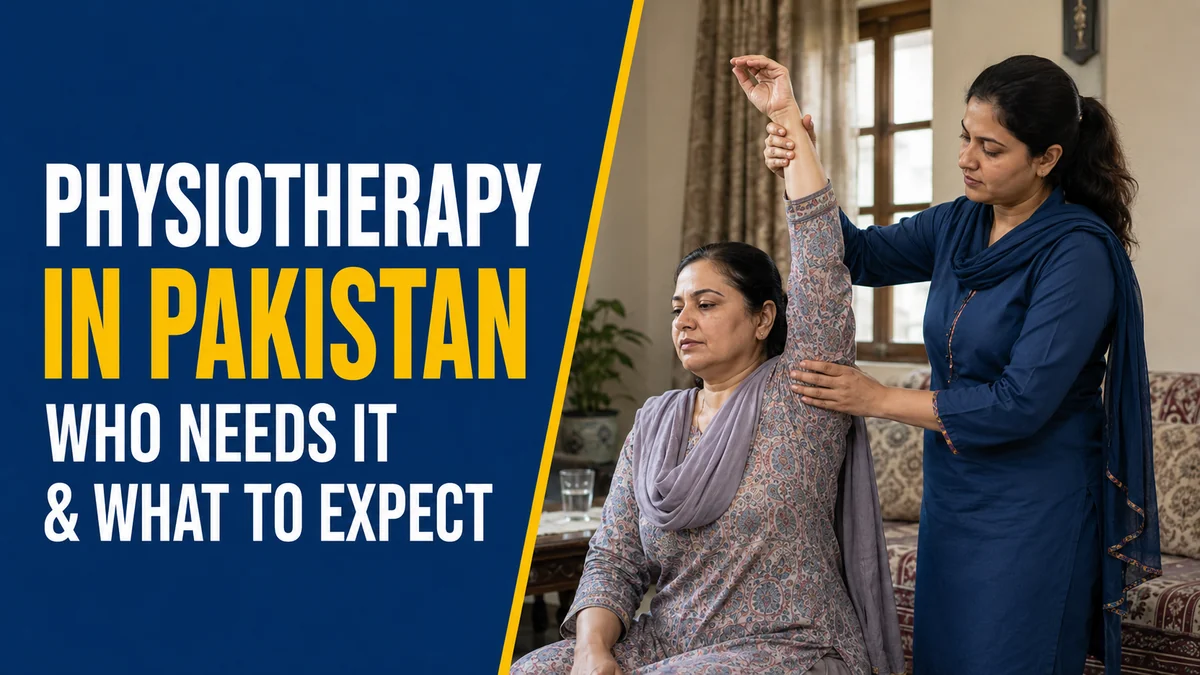 Physiotherapy in Pakistan who needs it and what to expect with female physiotherapist providing home-based shoulder mobility therapy