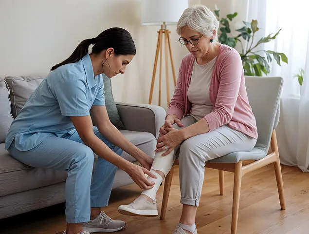 Physiotherapist providing lower leg support and assessment for an older patient during a home physiotherapy session.