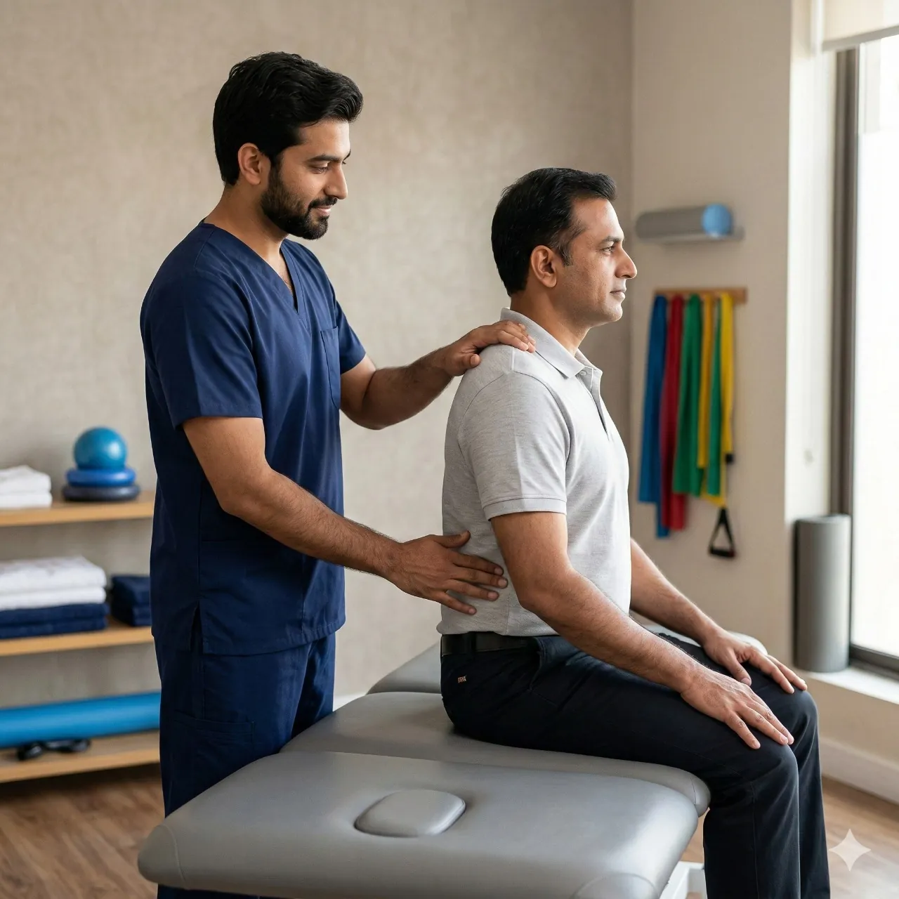 Male physiotherapist guiding an adult male patient during posture and low back pain physiotherapy session at a clinic in Islamabad and Rawalpindi.