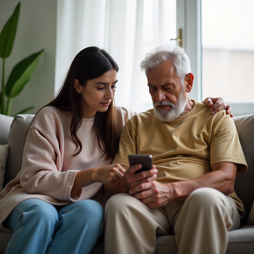 Family member helping an older adult review information on a phone, representing support and guidance during adult physiotherapy care.