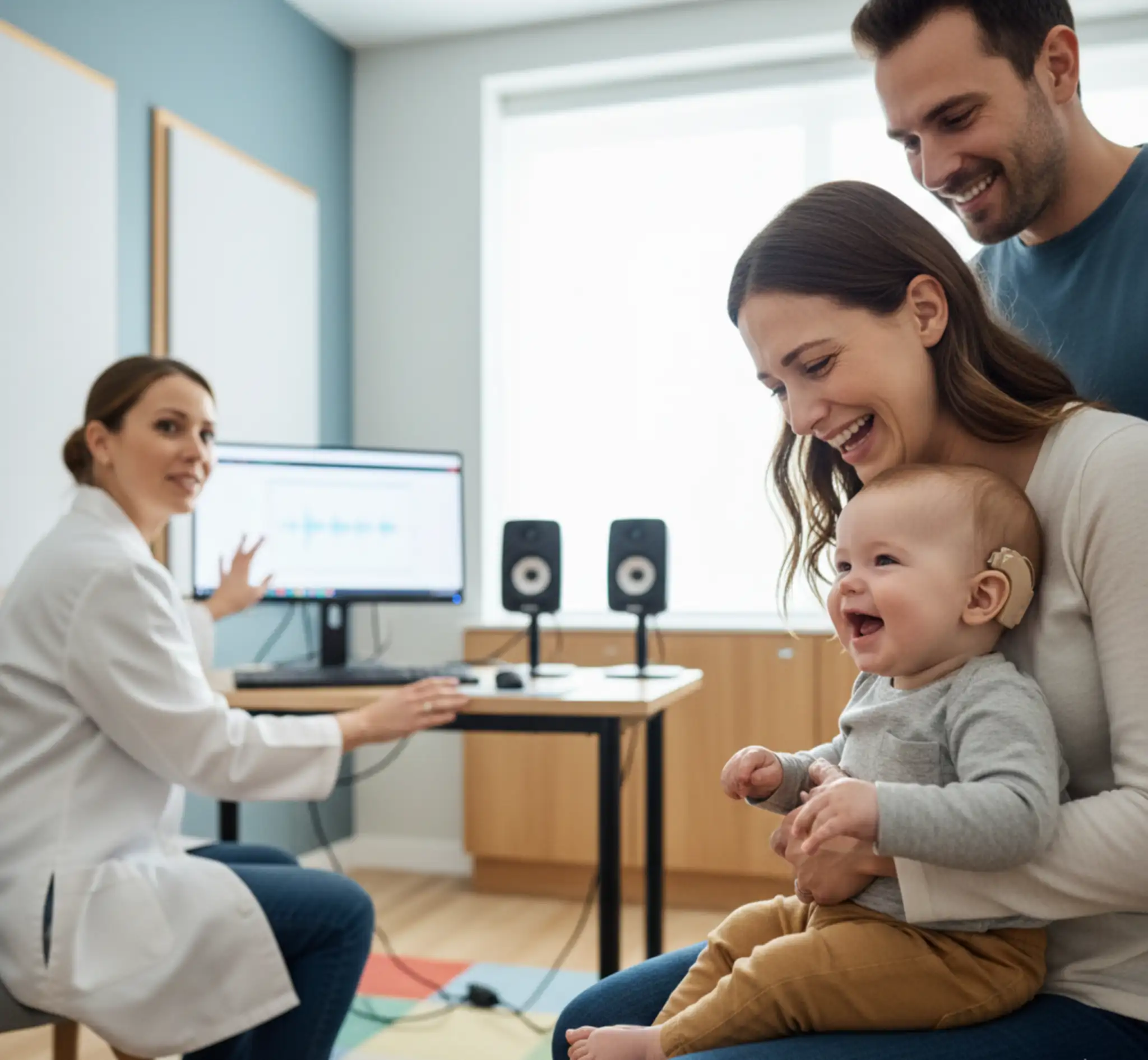Audiologist explaining a baby hearing test while parents hold their baby wearing a hearing device.