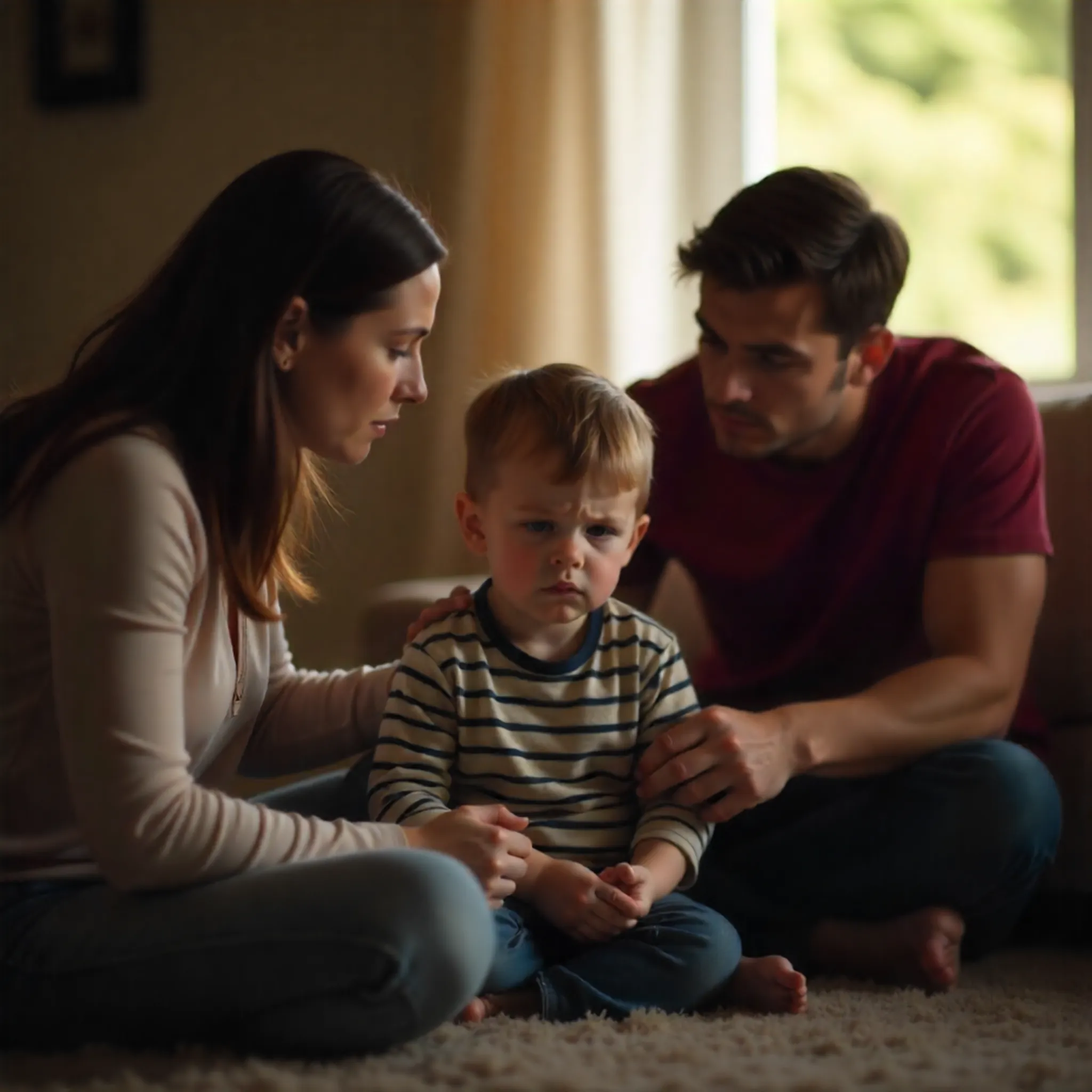 Parents comforting a young child at home, representing support for hearing and communication concerns.
