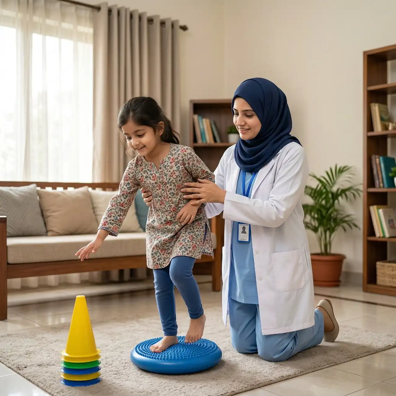 Female physiotherapist in hijab assisting a child with a balance exercise during home-based pediatric physiotherapy session in Islamabad and Rawalpindi.