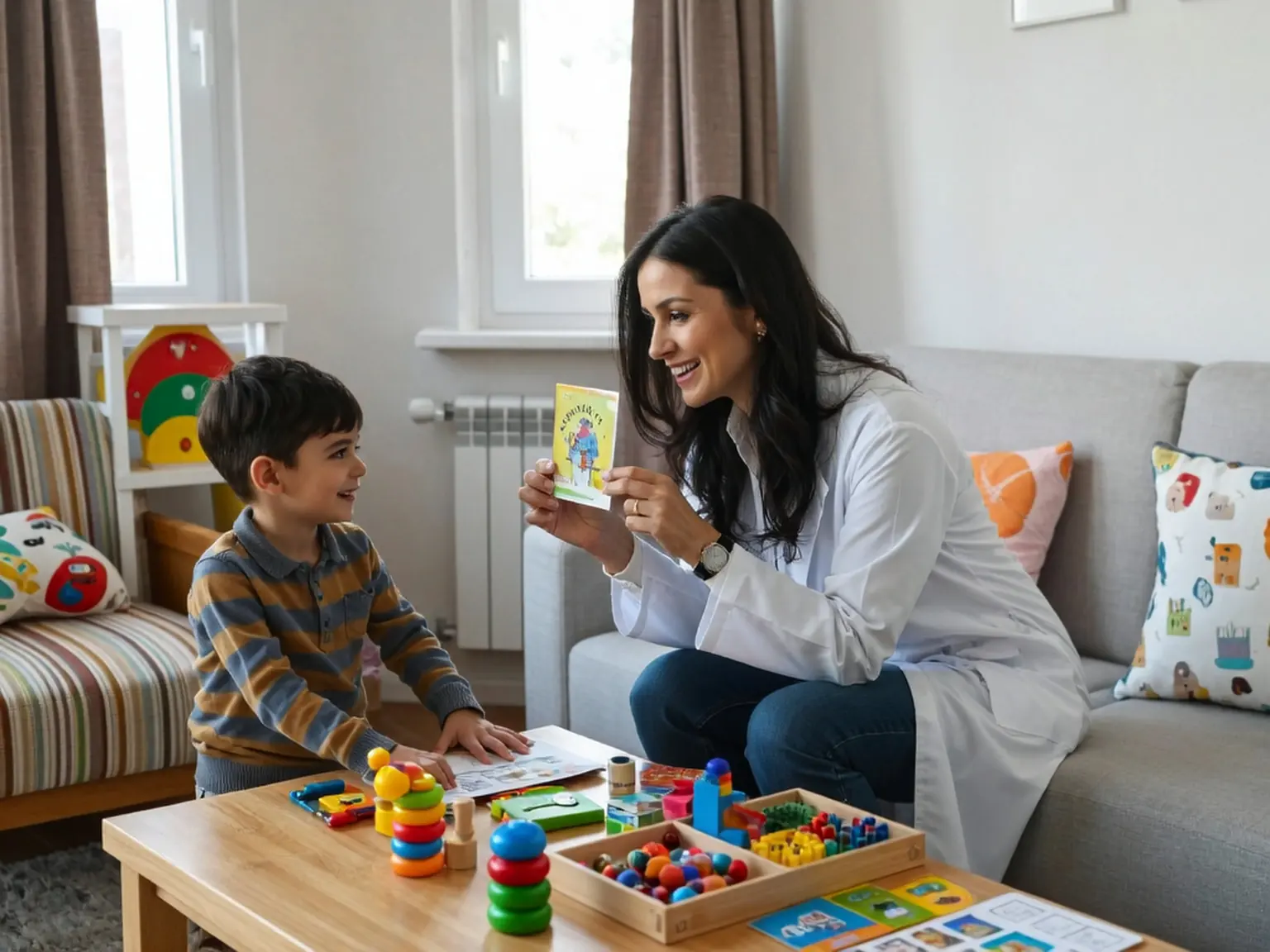 Child psychologist using picture cards during a therapy session with a young child.
