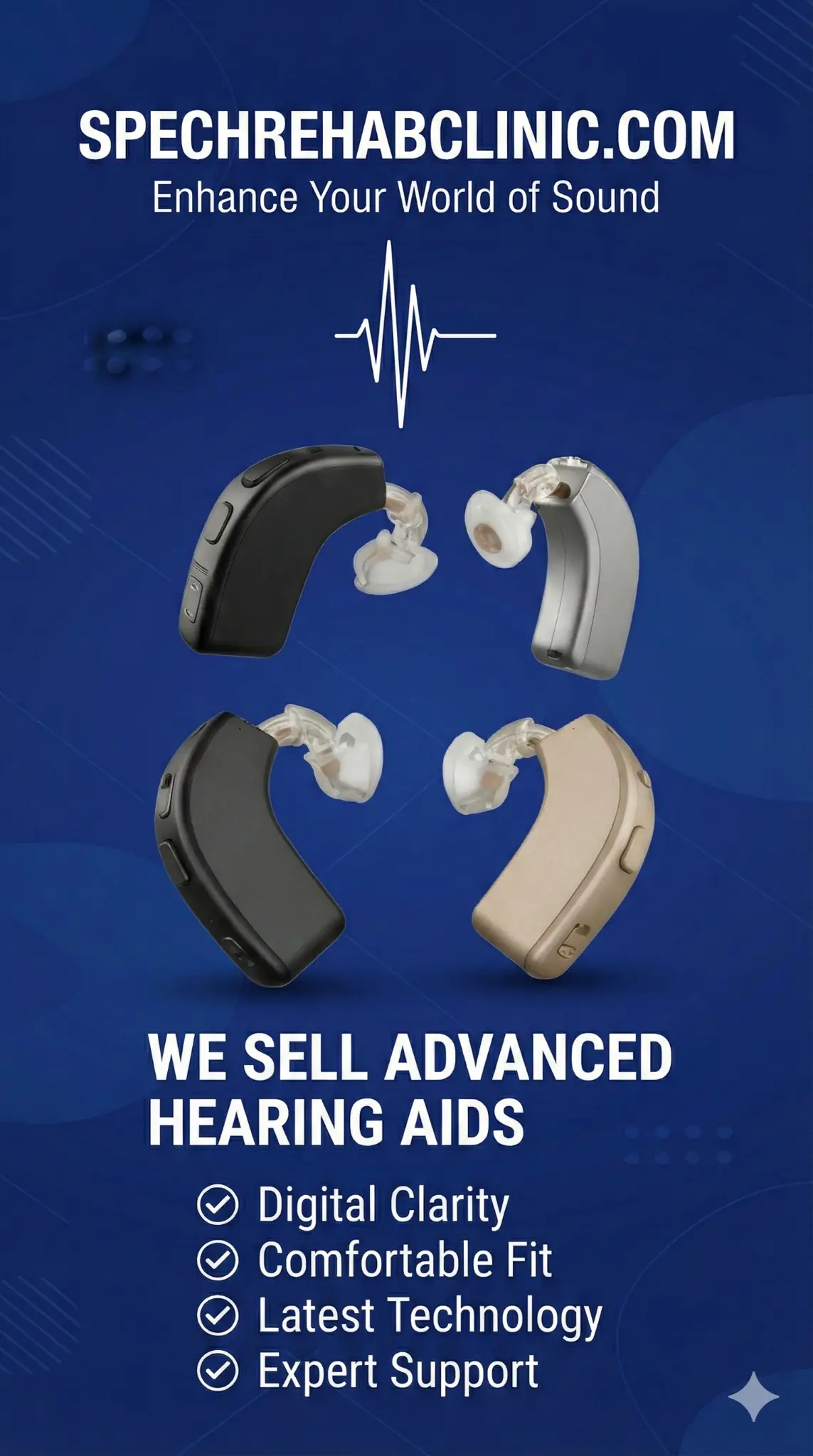 Mobile banner for Speech Rehab Clinic showing advanced hearing aids and key features.