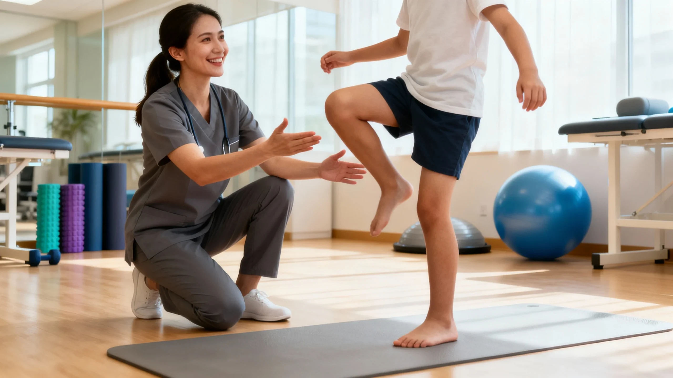 Physiotherapist helping a child practise a balance and leg-strength exercise during a paediatric physiotherapy session.