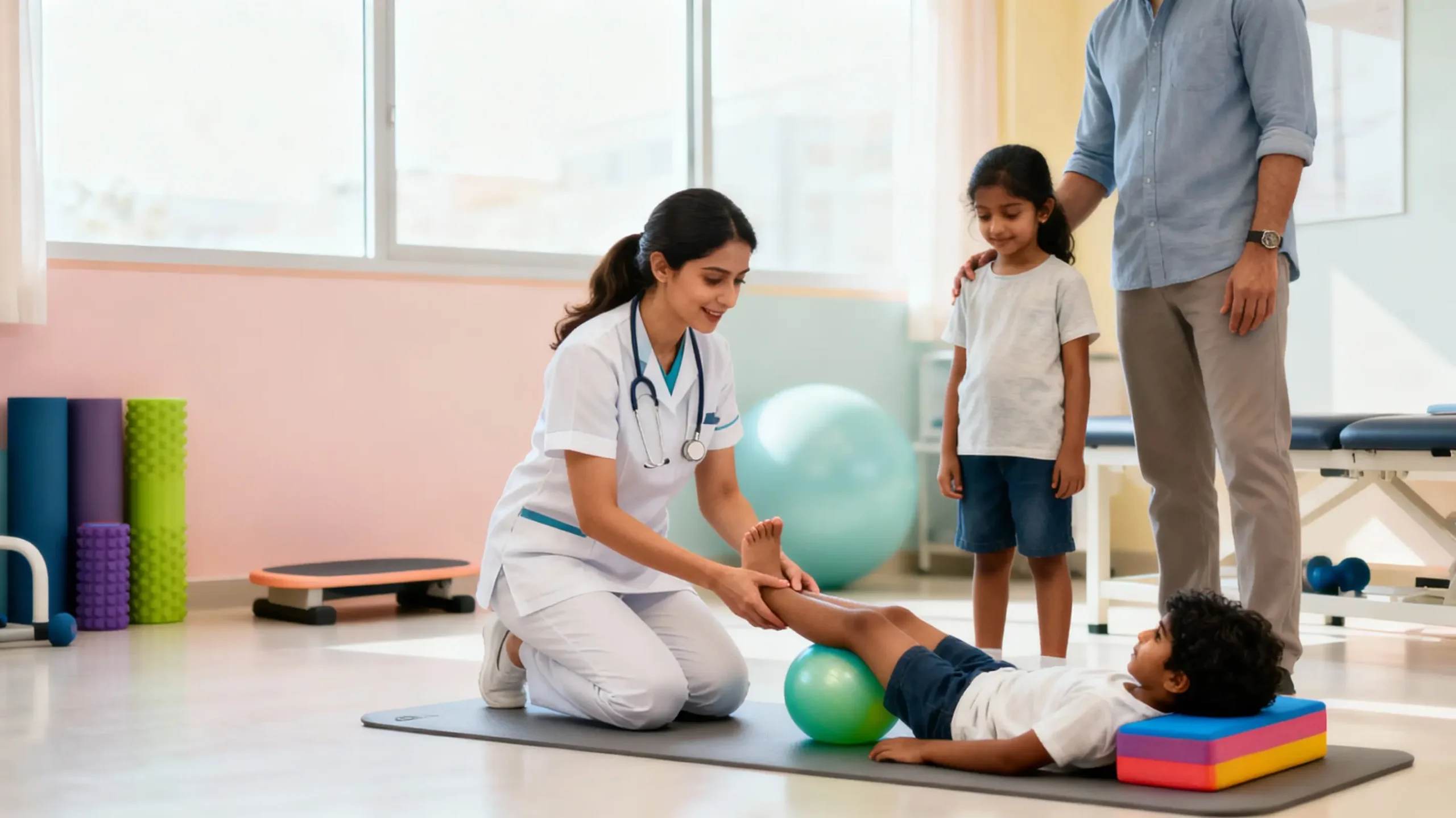 Physiotherapist guiding a child through a leg exercise during a paediatric physiotherapy session.