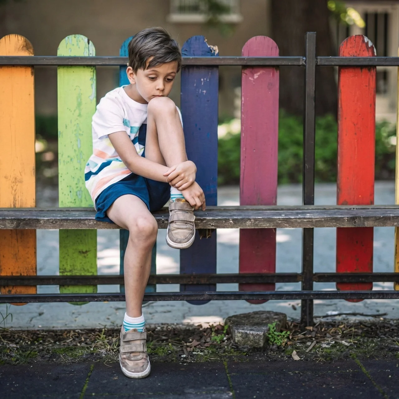 Child sitting quietly on a bench, representing support for speech and communication difficulties.