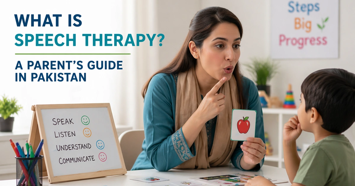 Speech therapist helping a young child practice speech sounds with picture cards during a therapy session.
