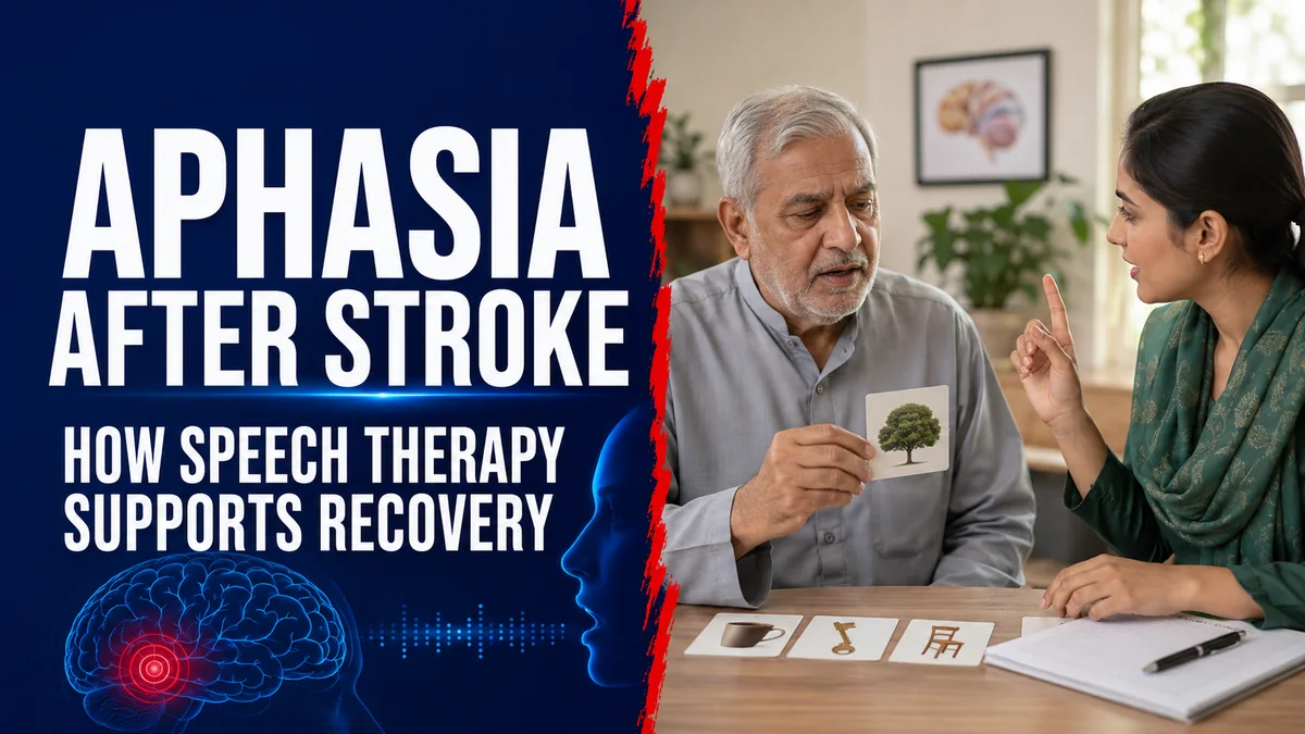 Aphasia after stroke speech therapy supports recovery featured image showing an older stroke survivor in a speech therapy session